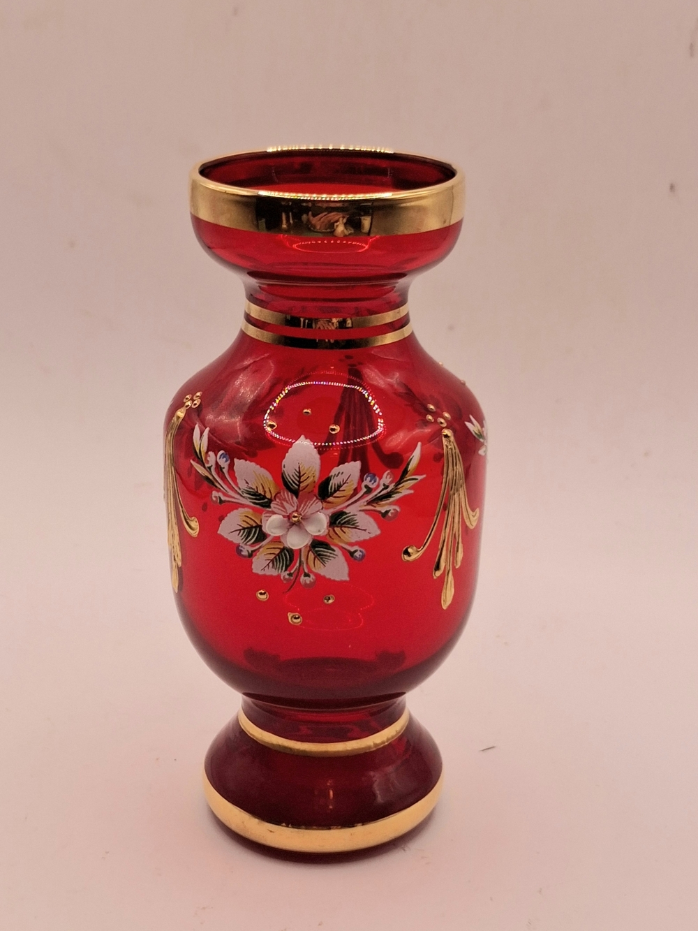 Red Glass Bud Vase with Gold Accents and Floral Detail
